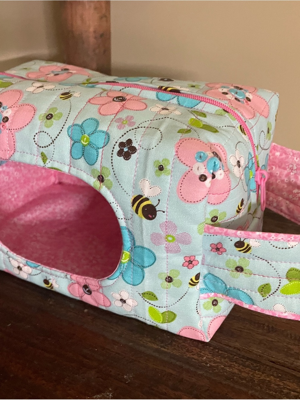 Hand Crafted Floral Diaper/wipe pouch Bag - Pink & Blue